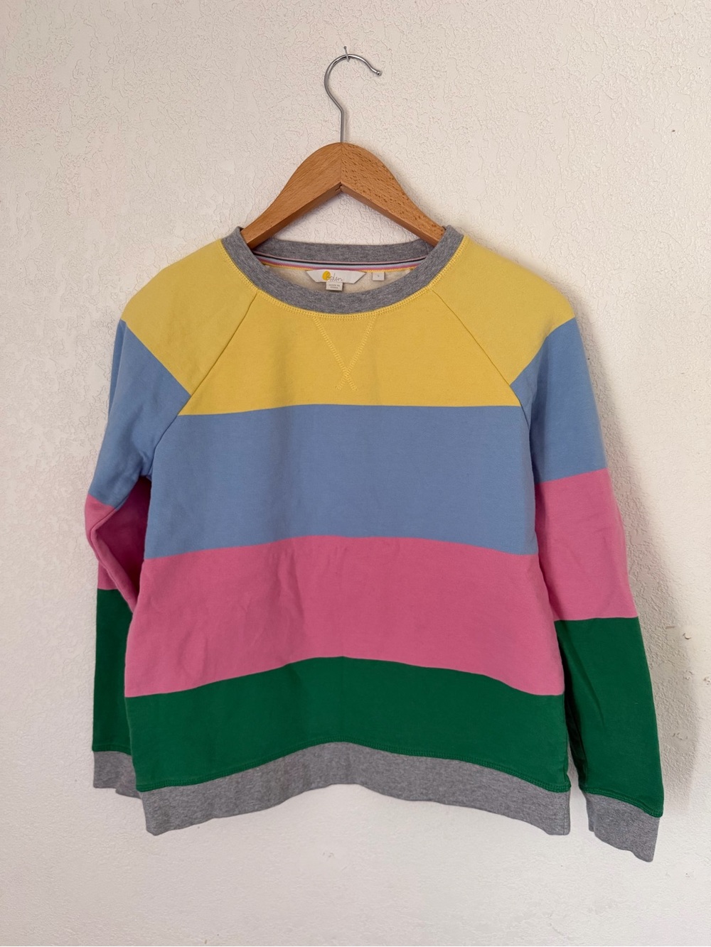 Boden Multicolor Striped Crewneck Sweater — Yellow, Blue, Pink, Green
